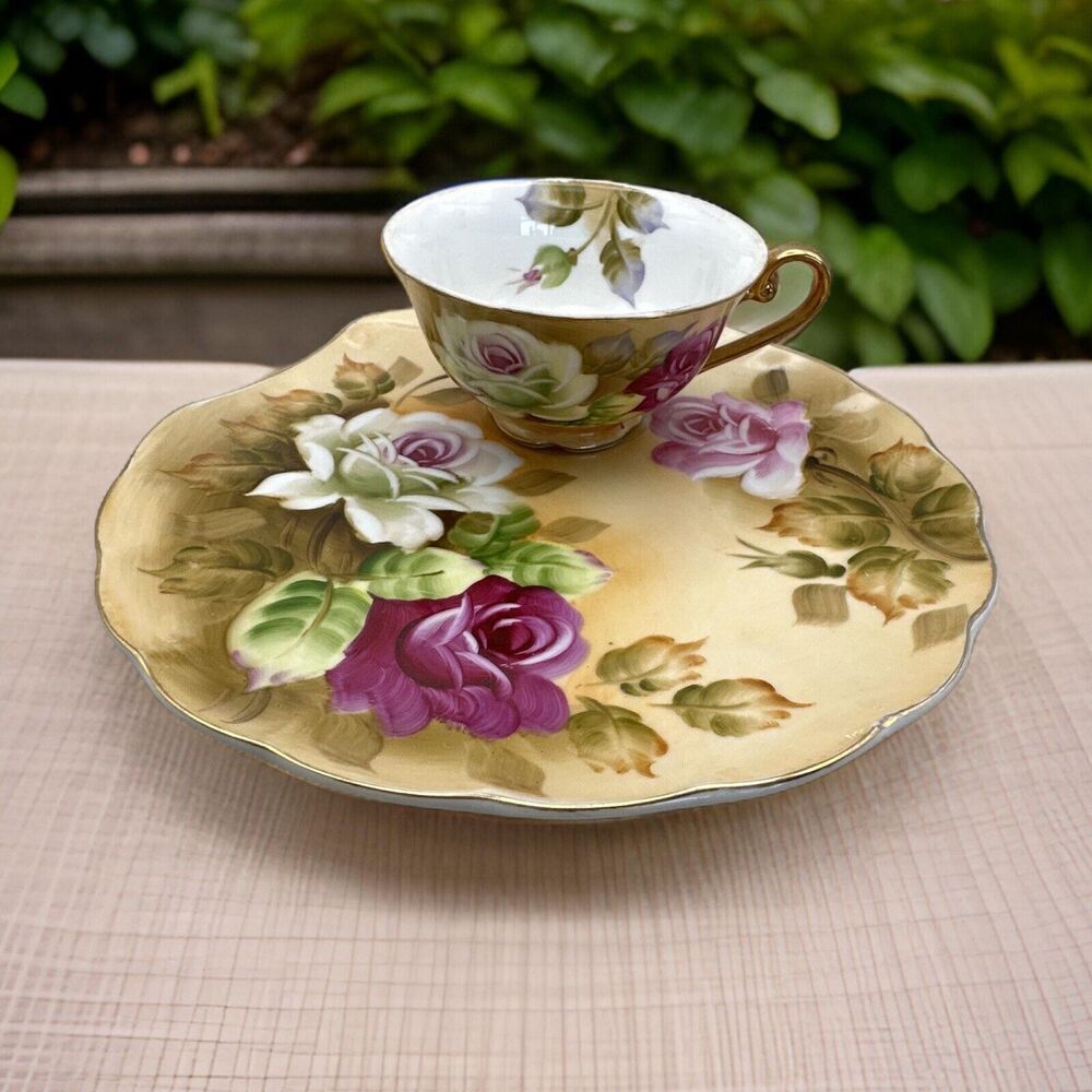 Vintage Lefton NE1864 Hand painted Roses Snack Plate and Tea Cup 1950's